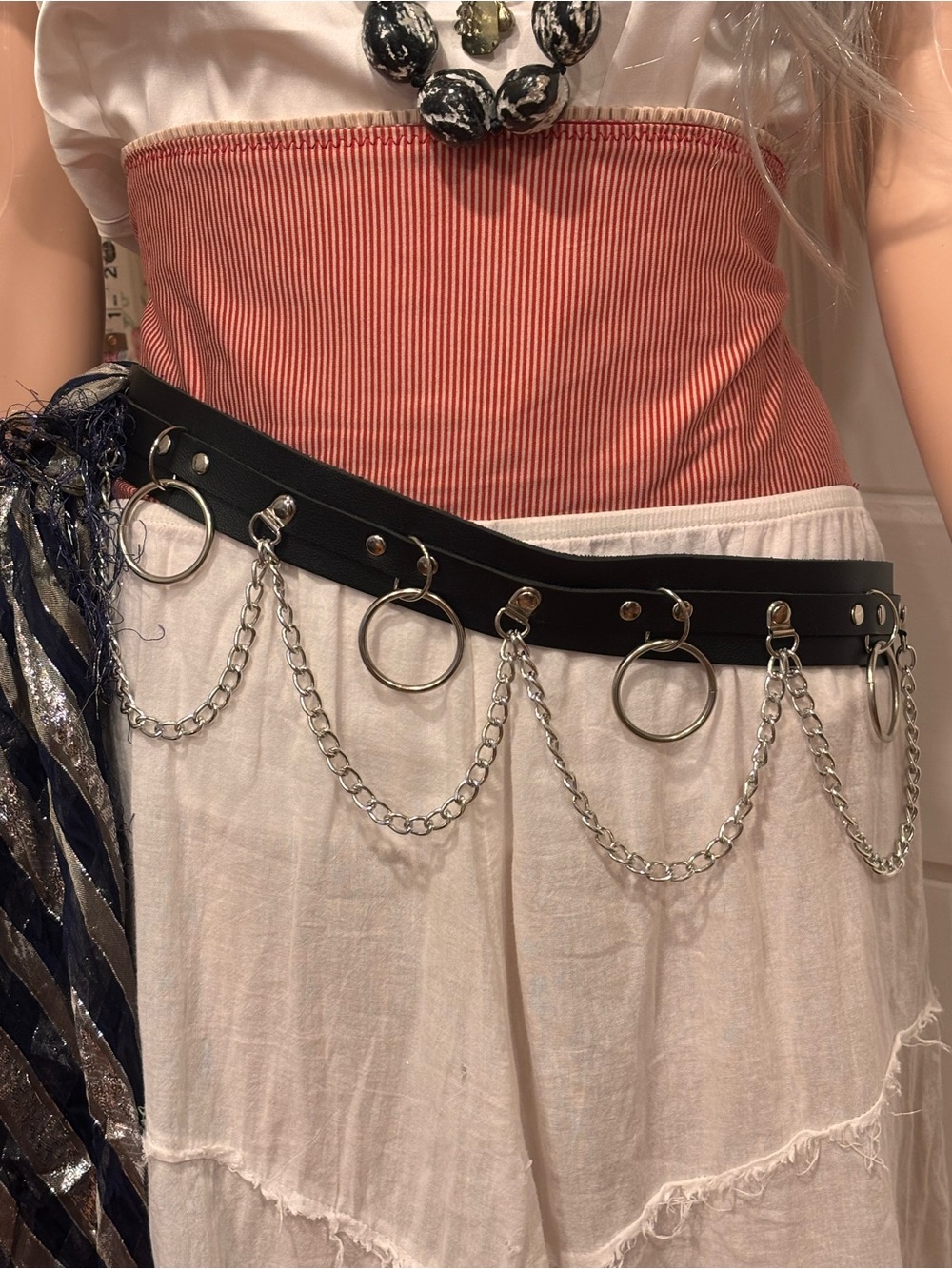 Black Faux Leather O Ring Chain Belt Y2K Punk Pirate